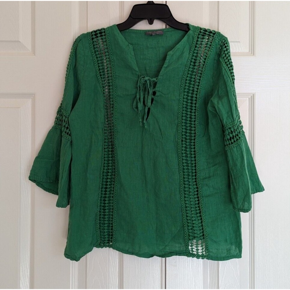 Piazza Del Tempio Women's Sz S Green Eyelet Embroidered Blouse 3/4 Sleeve